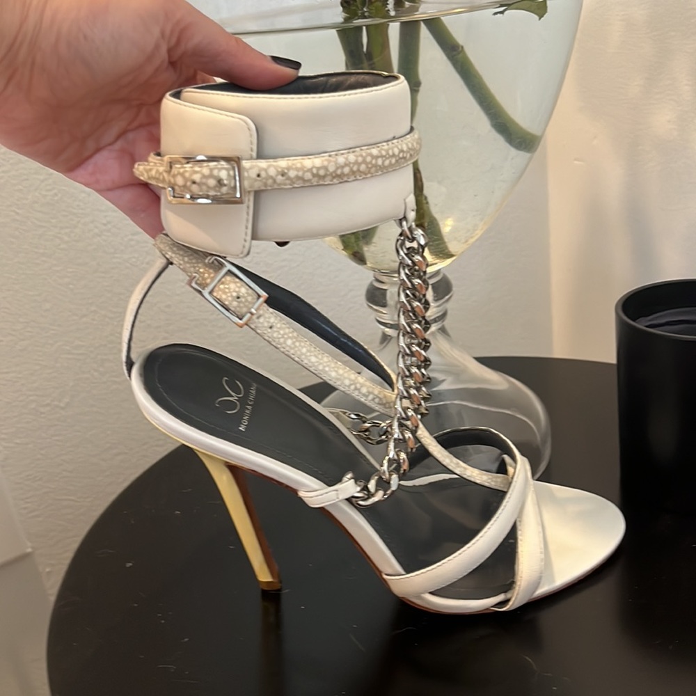 Monika Chiang White Domina Cuff Chain Heels Shoes Stilettos Sandals 38
